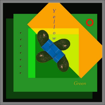An abstract photo, squares and circles intersecting in garish colours with a central four way motif.